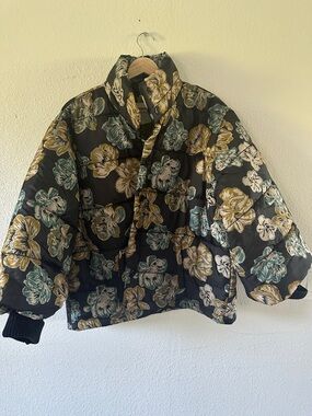 Anthropologie Black Floral Quilted Puffer Jacket with Gold & Green Flowers
